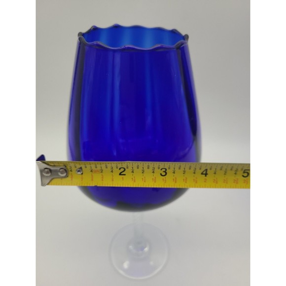 Pair Large Cobalt Blue Glass Goblets Handblown Swirl Stem Fluted Rim 10" - Picture 3 of 9